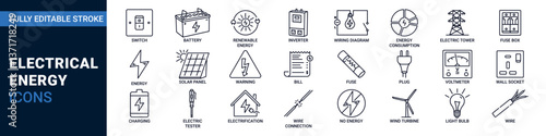 Electrical energy editable stroke icon set. Included inverter, renewable energy, wiring diagram and warning symbol. Vector illustration