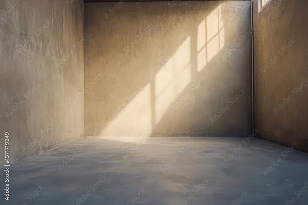 Bright sunlight casts shadows in a minimalistic concrete room during morning hours Bright sunlight casts shadows in a minimalistic concrete room during morning hours