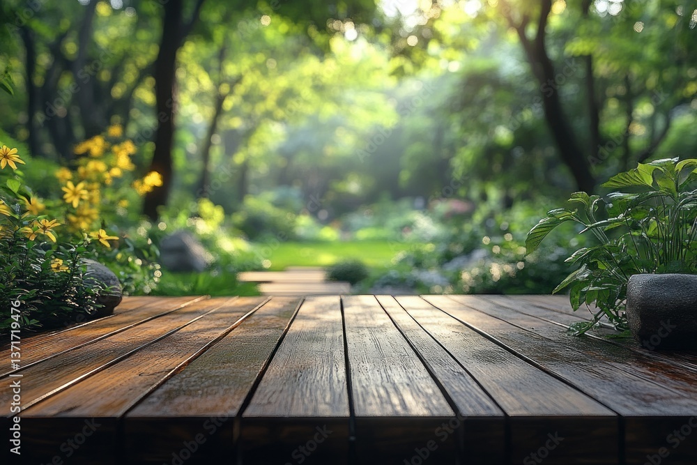 Wooden Deck Table in Outdoor Setting with Green Lawn and Garden Under Bright Sunlight Wooden Deck Table in Outdoor Setting with Green Lawn and Garden Under Bright Sunlight