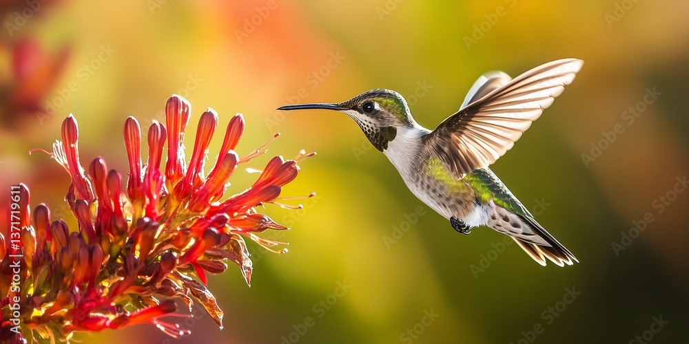 Fototapeta premium Hummingbird hovering near a red flower with wings spread in soft sunlight