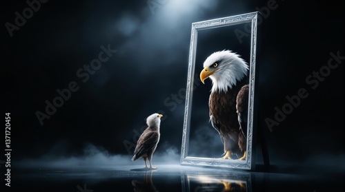 Small eagle looking in a mirror and seeing a large bald eagle reflection
