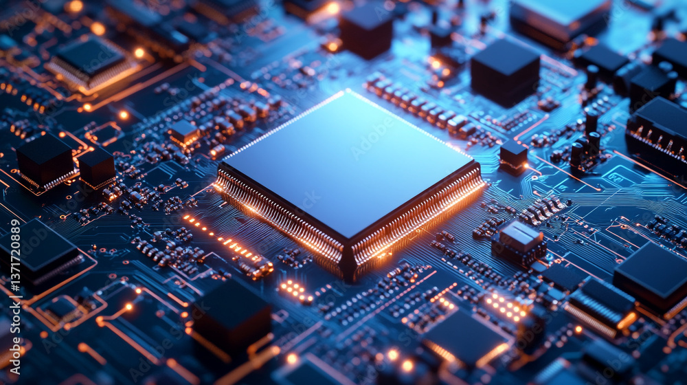 Close up shot of a computer chip with blue and orange lights and intricate circuit patterns visible Close up shot of a computer chip with blue and orange lights and intricate circuit patterns visible