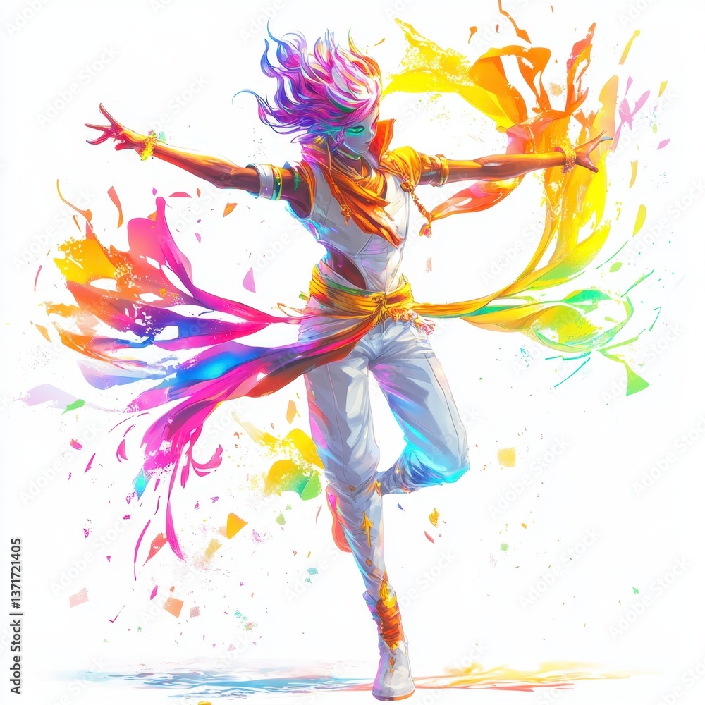 Obraz premium Vibrant Dance of Colorful Energy with Flowing Multicolored Hair and Clothing in an Explosion of Rainbow-Hued Paint and Dynamic Motion Illustration