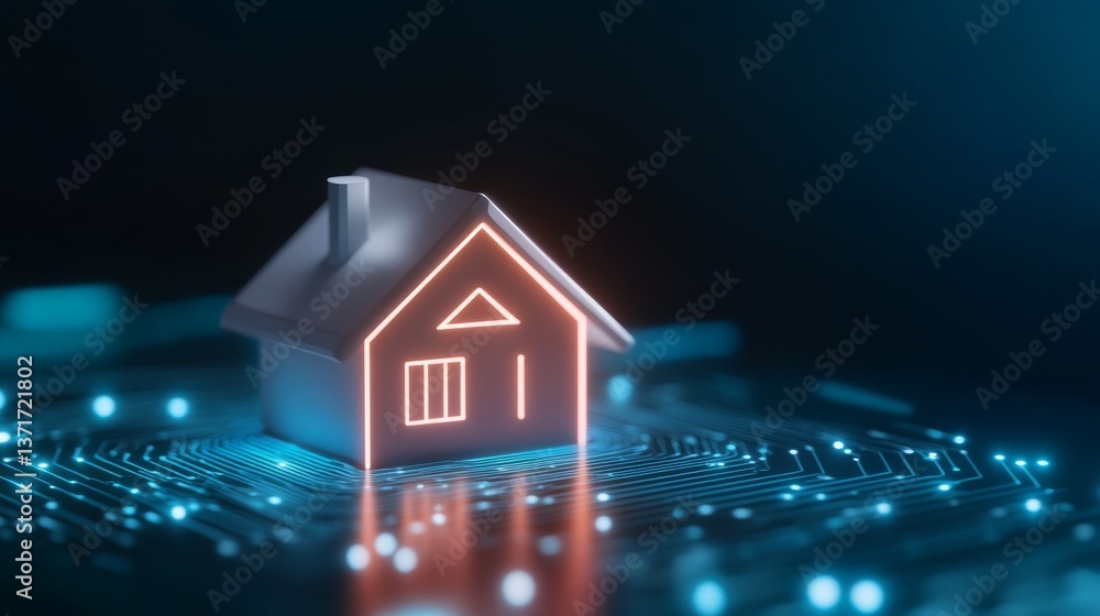 Futuristic smart home concept featuring a stylized house symbol integrated with glowing green circuitry, surrounded by an ambient high-tech Futuristic smart home concept featuring a stylized house symbol integrated with glowing green circuitry, surrounded by an ambient high-tech