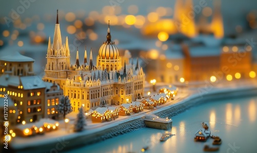 Miniature snowy Budapest Parliament with Christmas market by the river at night