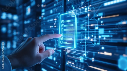Hand interacting with digital checklist on screen