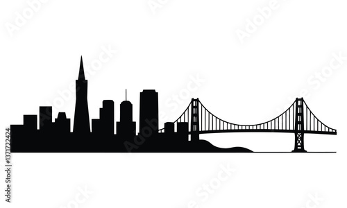 San Francisco City Skyline Silhouette, Vector, Icon, Logo, White Background.