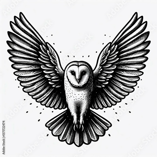 Barn Owl in Flight Vintage Woodcut Style