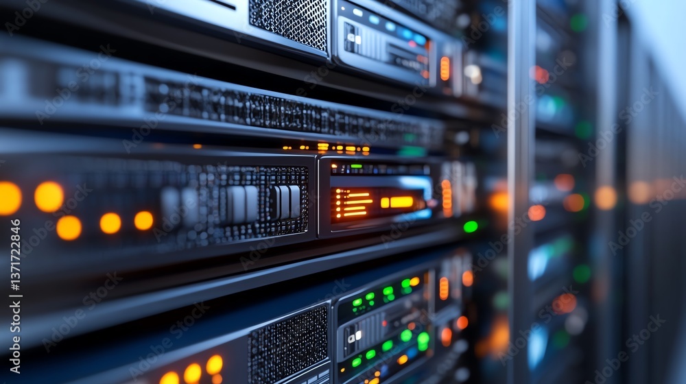 A 3Drendered scene of a server room with glowing indicators A 3Drendered scene of a server room with glowing indicators