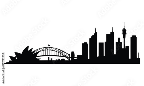 Sydney City Skyline Silhouette, Vector, Icon, Logo, White Background.