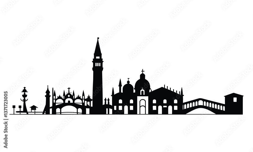 Fototapeta premium Venice City Skyline Silhouette, Vector, Icon, Logo, White Background.