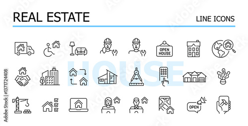 Real estate. Property and housing development. Construction, sales and sustainable cities. Rent and sale. Vector icons set