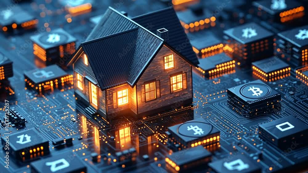Illuminated House Model on a Glowing Circuit Board Illuminated House Model on a Glowing Circuit Board