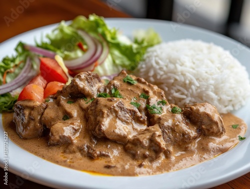 a plate of food featuring a creamy portion of Brazilian beef stroganoff, positioned slightly to the right, accompanied by fluffy white rice, a fresh salad of lettuce, onions, and tomatoes, with a thin