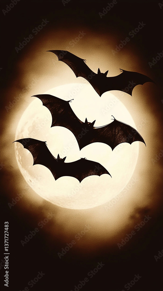 Fototapeta premium Three bats flying in front of the moon, sepia, gothic, vintage, scary atmosphere, mysterious, dark fantasy, Halloween, spooky mood, night sky, shadows and light, moonlight, realistic photography