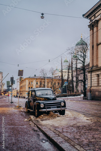 Vintage car in Helsinki during the winter