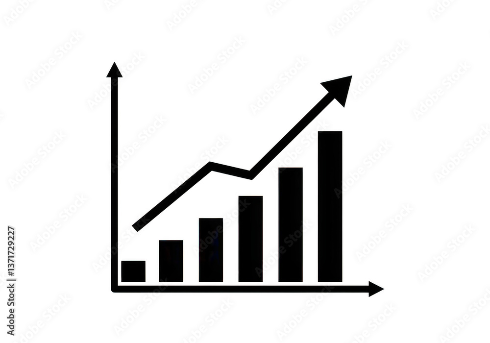 A bar graph with an arrow showing upward trend in black A bar graph with an arrow showing upward trend in black
