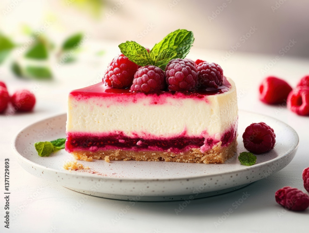 Raspberry Cheesecake Delight: A delectable slice of raspberry cheesecake, adorned with fresh raspberries and mint leaves, presented on a clean white plate, a culinary masterpiece Raspberry Cheesecake Delight: A delectable slice of raspberry cheesecake, adorned with fresh raspberries and mint leaves, presented on a clean white plate, a culinary masterpiece