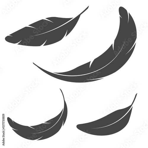 A set of curved flying bird feathers. Bird feather simple silhouette. Flat vector illustration isolated on white background.