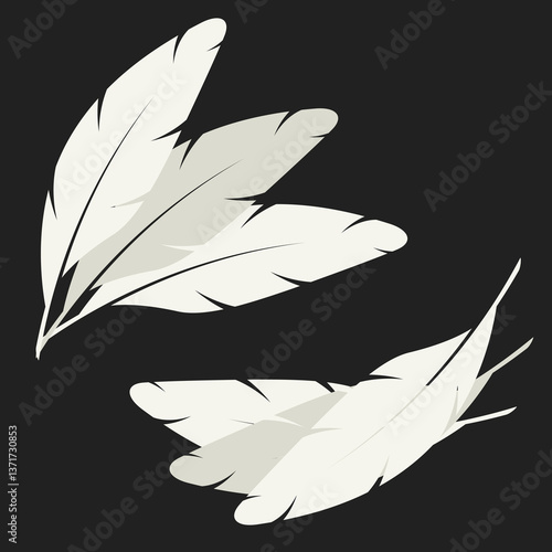 Fan of three curved feathers, plume element. Bird feather simple silhouette. Flat vector illustration isolated on black background.