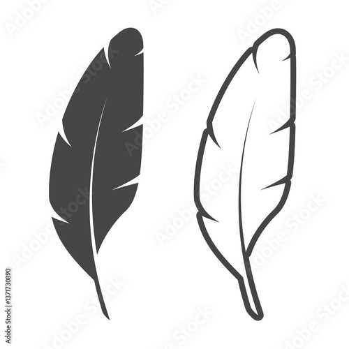 Two curved feathers, silhouette and outline. Flat vector illustration isolated on white background.