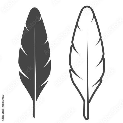 Two straight feathers, silhouette and outline. Bird feather simple silhouette. Flat vector illustration isolated on white background.