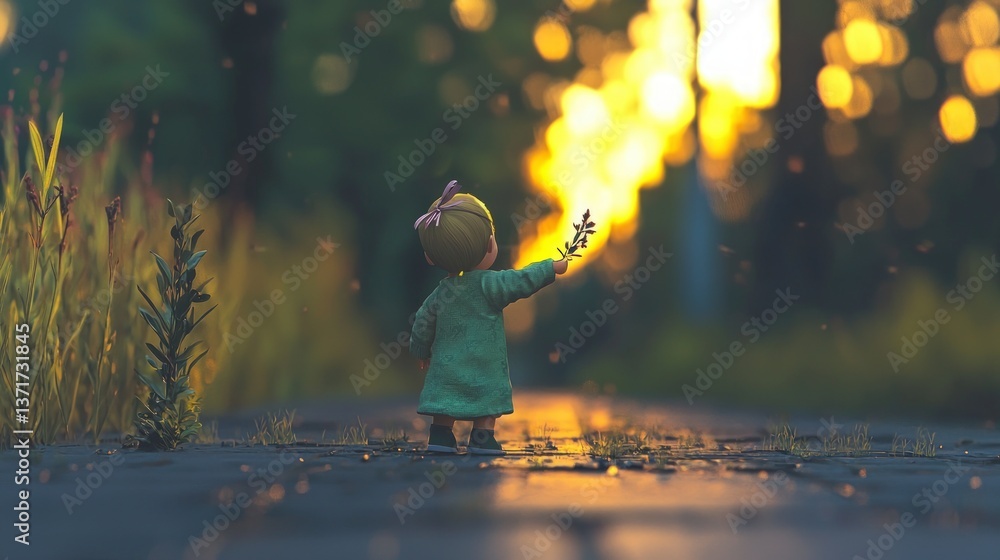 Fototapeta premium Cute Cartoon Girl at Sunset Holding Flowers 3D Render