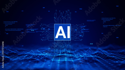 Ai and big data concept. Connecting network abstract blue futuristic background. 3D rendering.