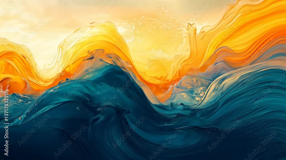 Waves rise and fall under a golden sky, a beautiful abstract art painting depicting ocean waves at sunset or sunrise