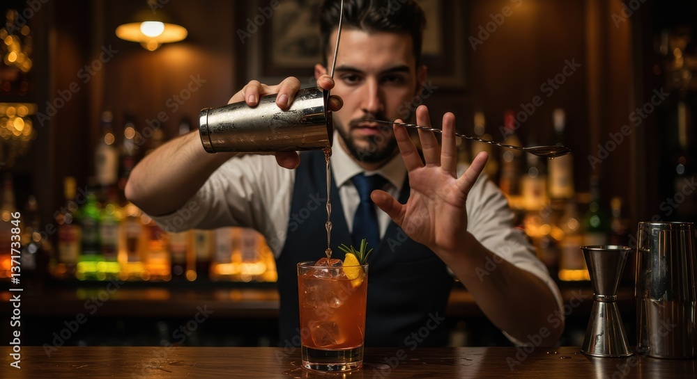 Bartender pouring a cocktail with a shaker in a bar. Concept of mixology, nightlife, and cocktails. Bartender pouring a cocktail with a shaker in a bar. Concept of mixology, nightlife, and cocktails.
