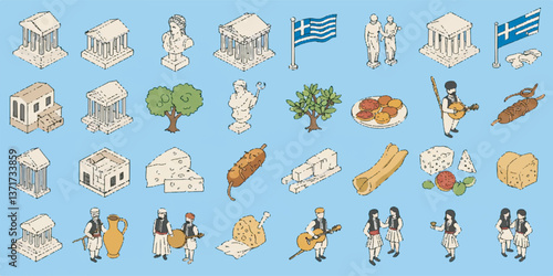 Isometric 3D Greece Symbols and Landmarks – Vector Illustration