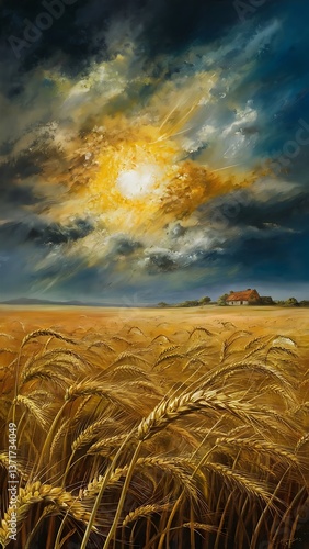 Imagine a richly textured painting of a vast wheat field, with golden stalks 