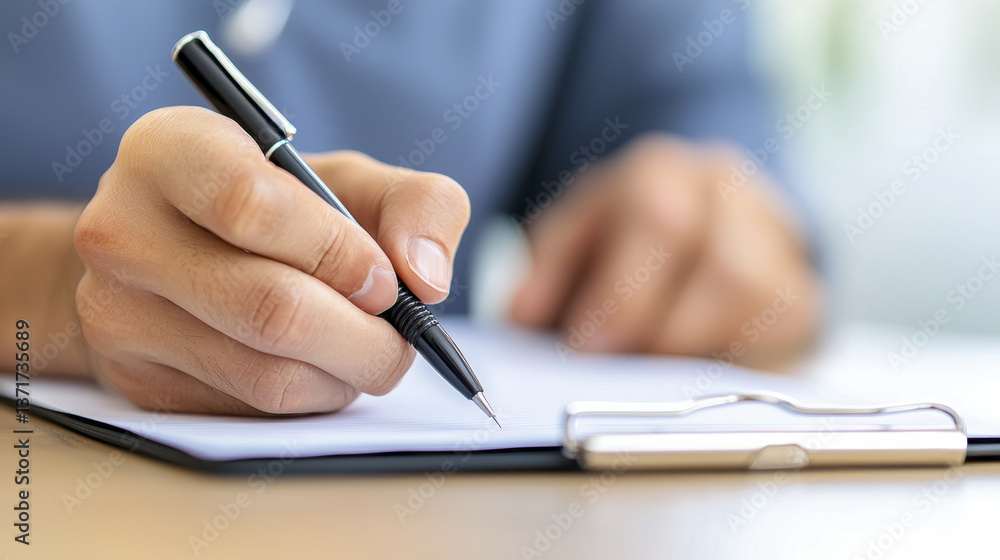 person is writing notes with pen on clipboard, showcasing focus and attention to detail in professional setting person is writing notes with pen on clipboard, showcasing focus and attention to detail in professional setting
