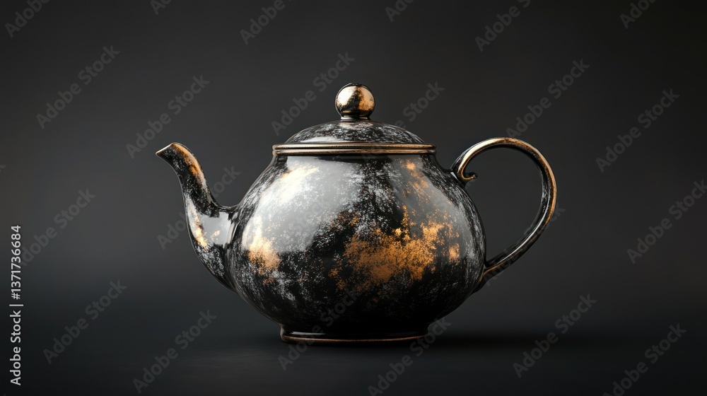 An elegant, gold and black teapot sits against a dark background. An elegant, gold and black teapot sits against a dark background.