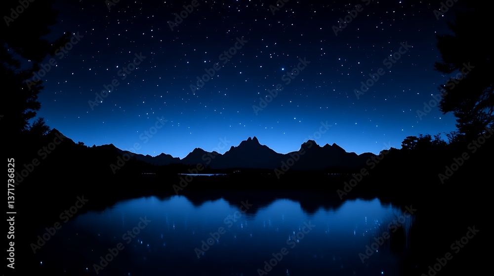 Fototapeta premium Starry Night Sky Reflecting in Lake with Mountain Silhouette View