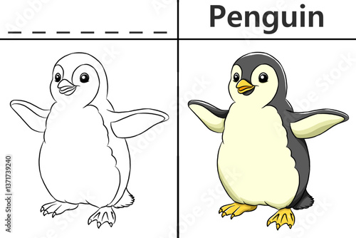 Penguin coloring pages for kids and learn to recognize letters, animal recognition card media for various games in early childhood learning