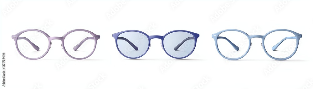 Fototapeta premium Stylish eyeglasses arranged in a row on a white background, showcasing modern and sleek designs.