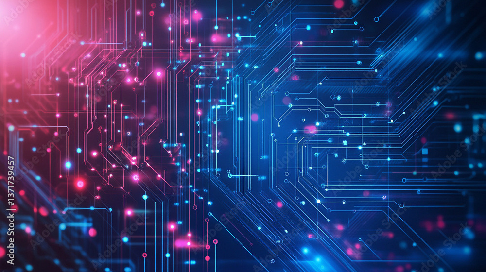 Abstract circuit board design with blue and pink lights and interconnected lines and nodes network Abstract circuit board design with blue and pink lights and interconnected lines and nodes network