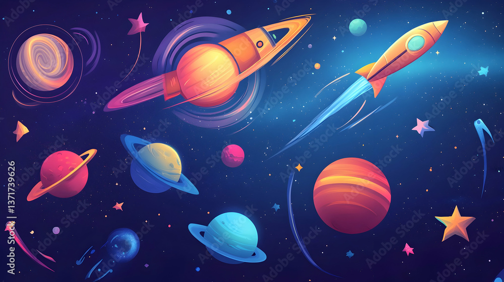 A vibrant cosmic journey unfolds, rockets soaring past planets and shooting stars in a dazzling, dreamlike space scene with bold colors and playful design. A vibrant cosmic journey unfolds, rockets soaring past planets and shooting stars in a dazzling, dreamlike space scene with bold colors and playful design.
