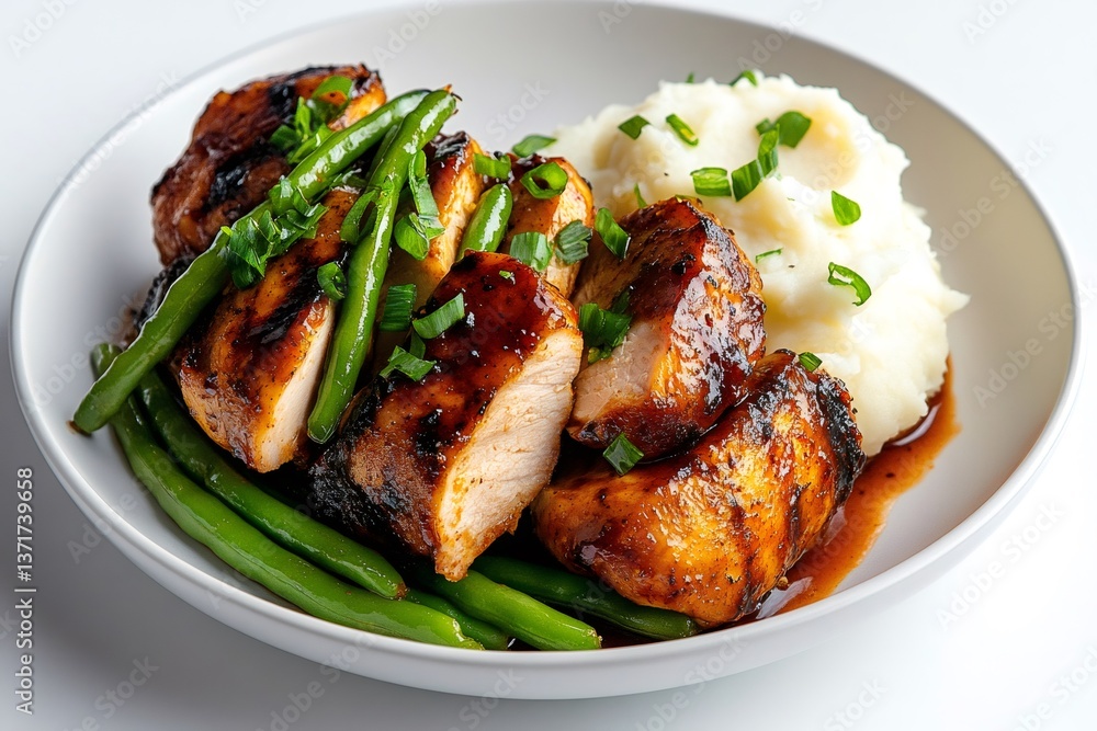 Sliced grilled chicken breast with green beans and mashed potatoes garnished with chives Sliced grilled chicken breast with green beans and mashed potatoes garnished with chives