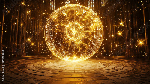 聖域に浮かぶ黄金の魔法陣 ― 光と神秘の交差点