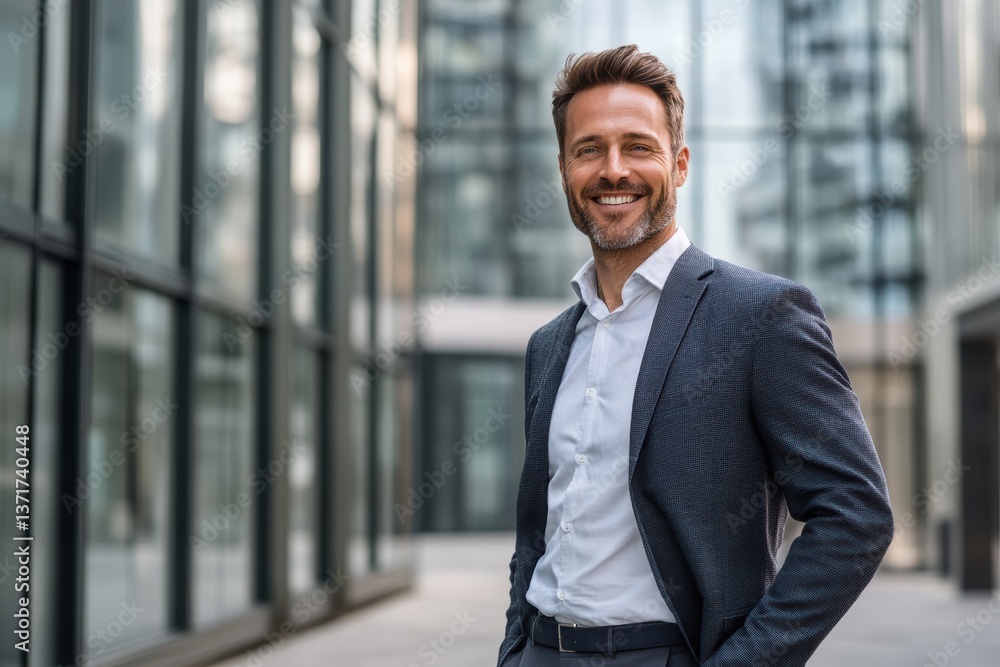 The Confident Executive: A poised businessperson, smartly dressed in a tailored suit, projects success and approachability against a modern building backdrop. The Confident Executive: A poised businessperson, smartly dressed in a tailored suit, projects success and approachability against a modern building backdrop.