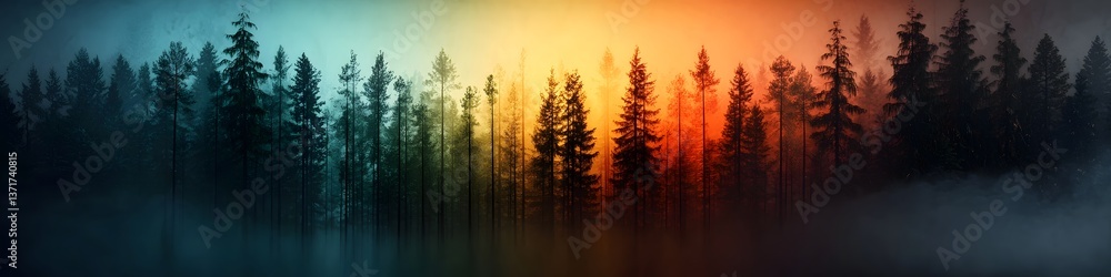 A majestic forest scene at sunset with towering evergreen trees silhouetted against a vibrant colorful sky filled with warm light and hazy atmosphere A majestic forest scene at sunset with towering evergreen trees silhouetted against a vibrant colorful sky filled with warm light and hazy atmosphere
