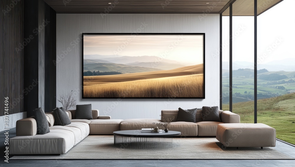 Fototapeta premium Golden Fields Landscape in Modern Living Room Interior