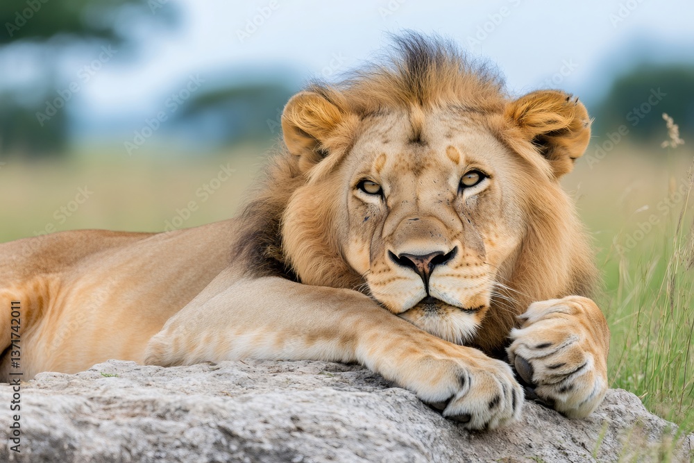Fototapeta premium Lion resting on a rock, staring at the horizon in the African savanna