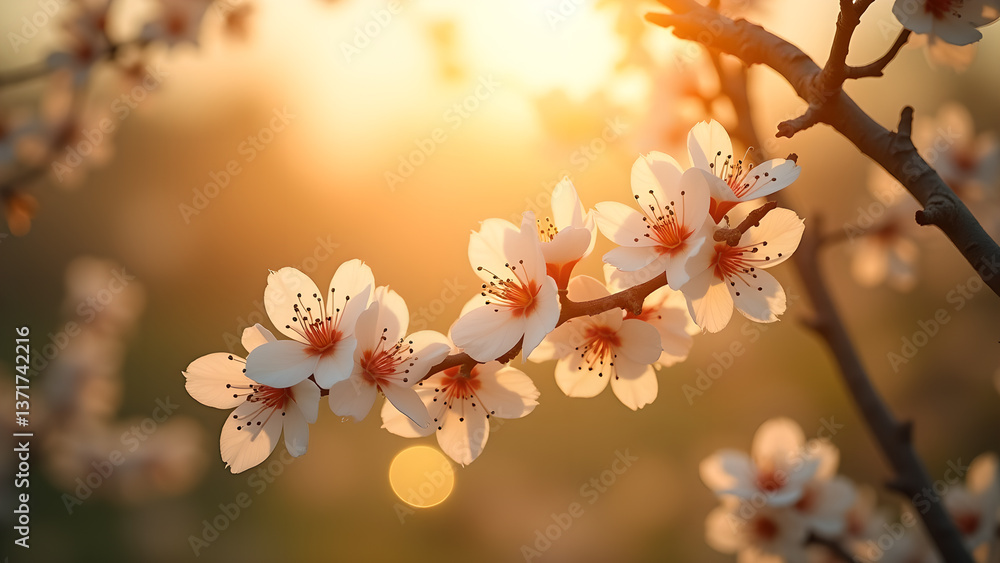 Delicate blossoms bathed in golden sunlight glow