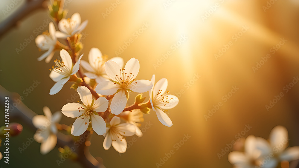 Delicate White Blossoms with Golden Light Burst