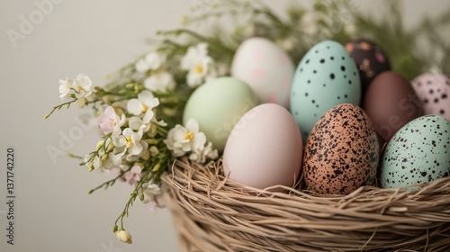 Pastel Easter Eggs in Nest with Spring Flowers