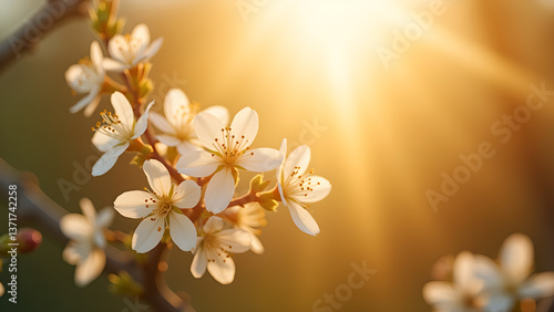 Obraz na płótnie Delicate White Blossoms with Golden Light Burst w salonie