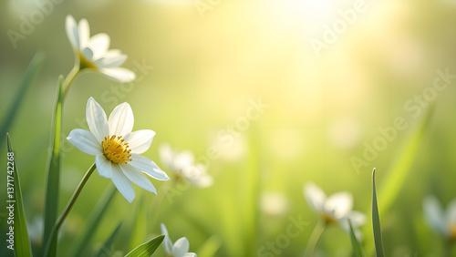Obraz na płótnie Delicate White Flowers with Sunlight Backdrop Scene w salonie